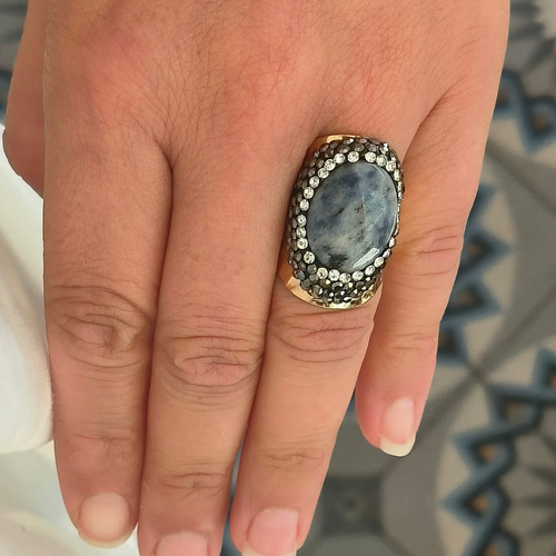 Bague avec strass et pierre bleu vert 