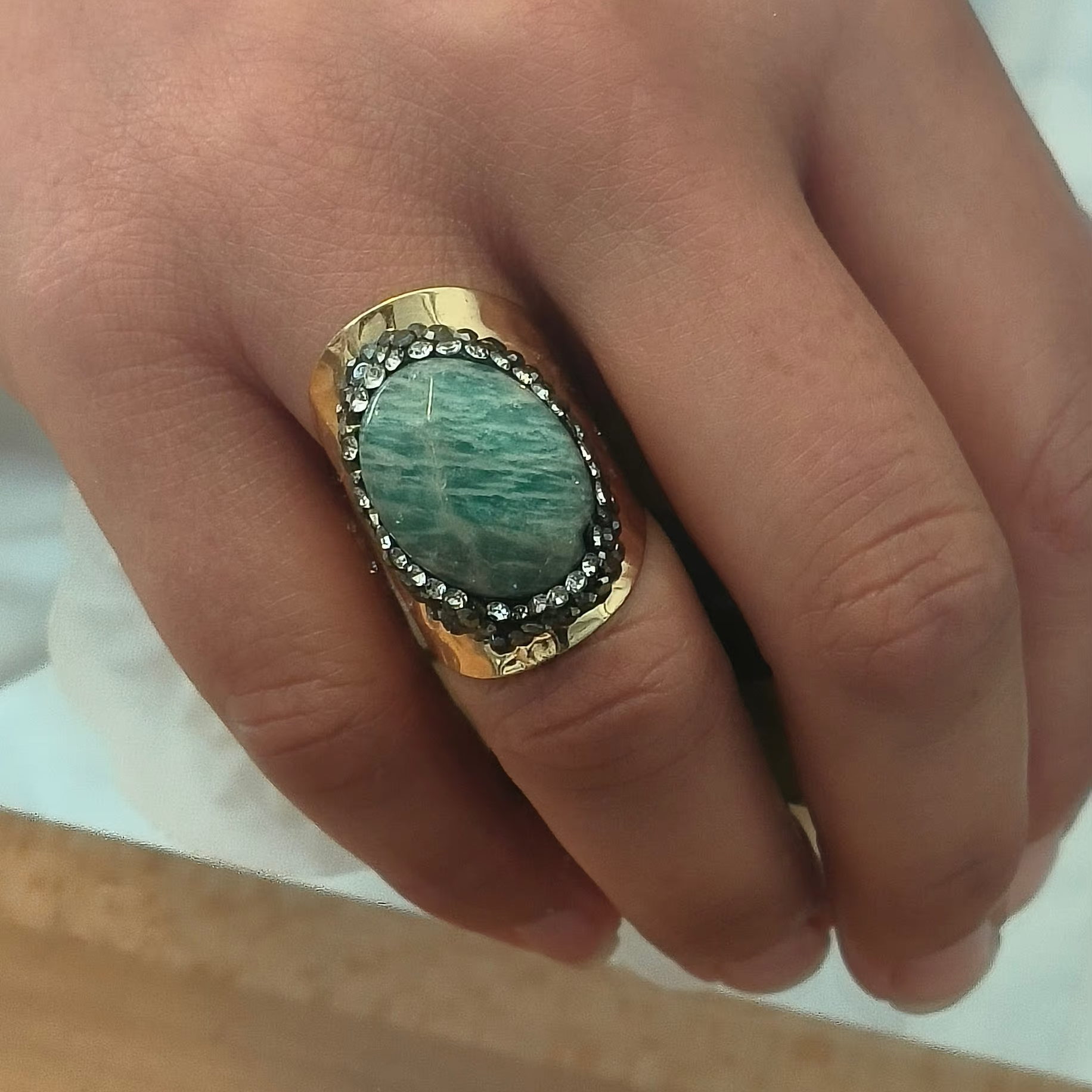 Bague Dorée Strass avec Pierre vert vague amazonite 