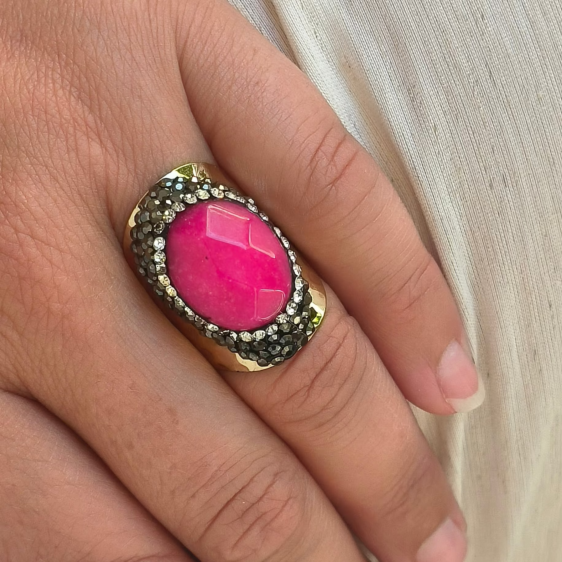 Bague pierre rose avec strass acier inox 