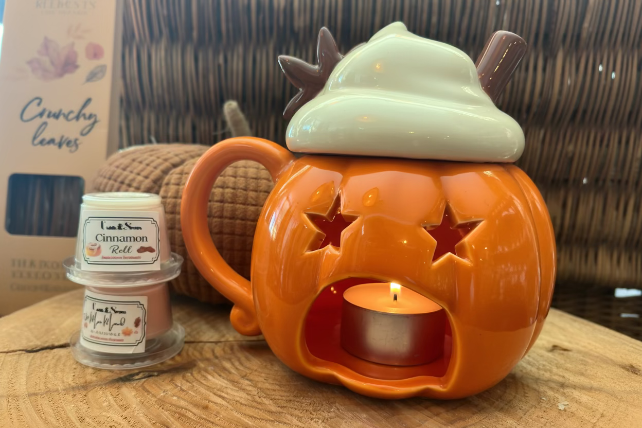 Chauffe-cire citrouille orange allumé laissant filtrer la lueur d'une bougie, avec son couvercle en crème chantilly posé à côté sur une table en bois.