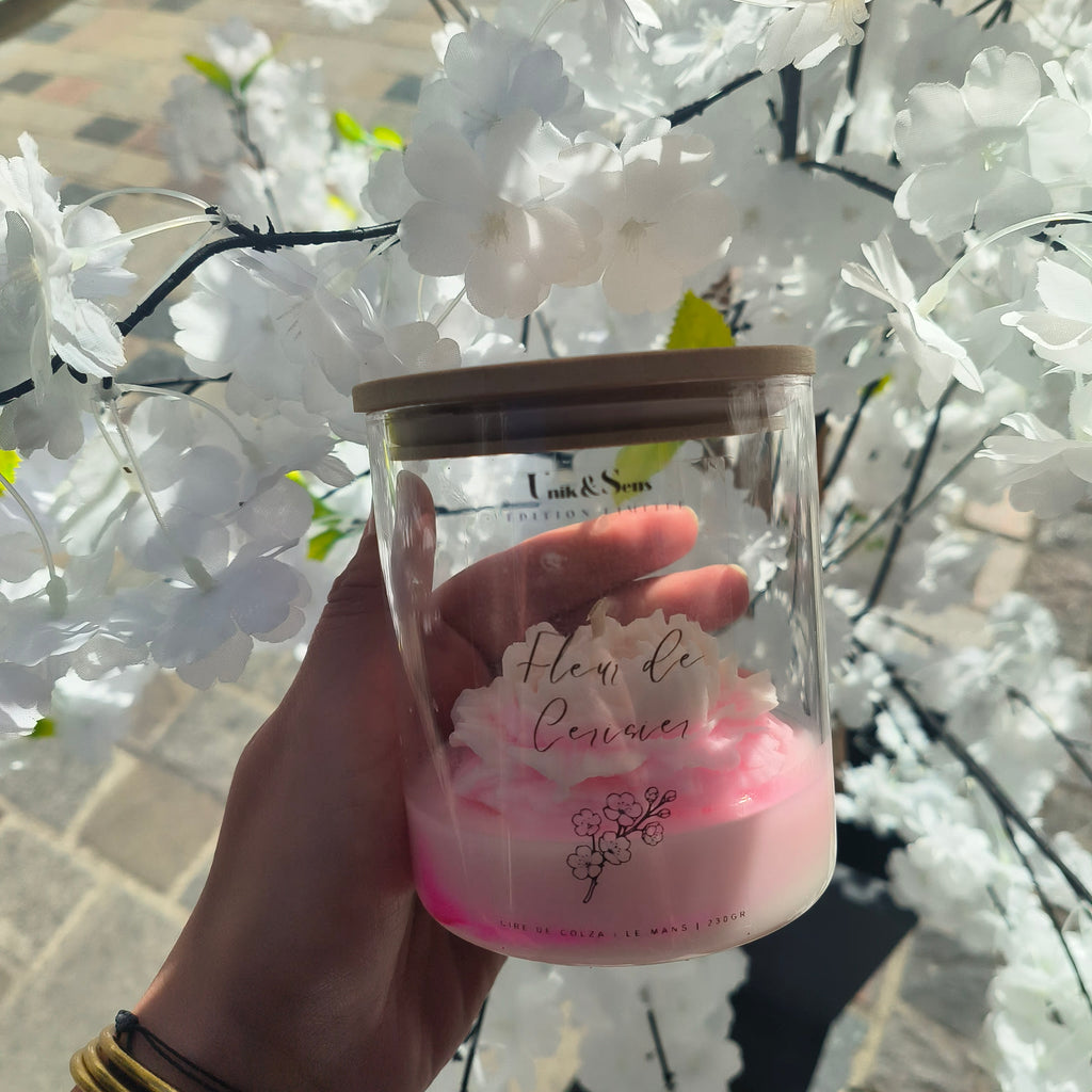 Bougie fleur de cerisier en bocale avec couvercle, bougie fleurie rose blanche, cadeau bougie femme originale, cire de colza Le Mans Unik&Sens 