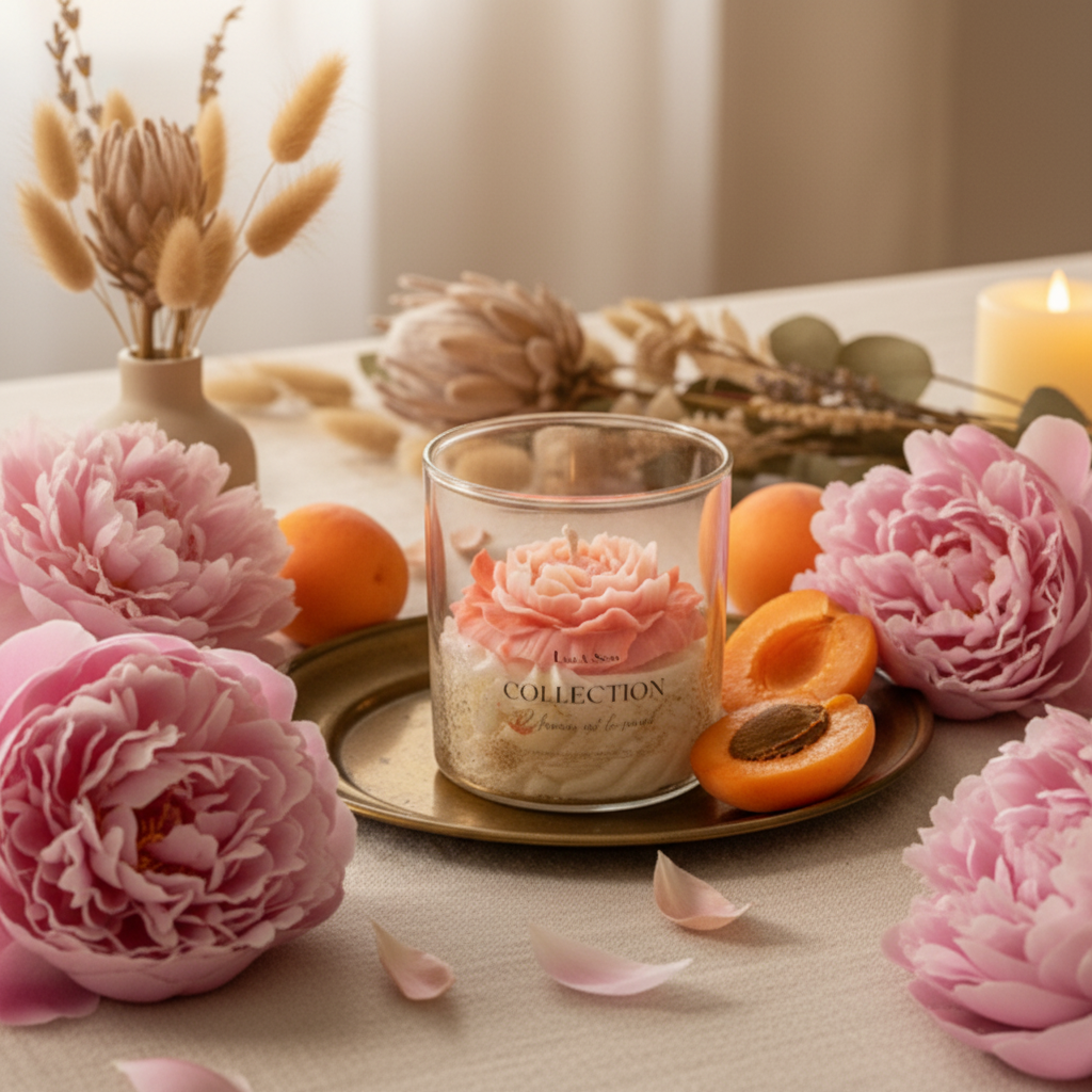 Bougie Collection Pivoine et abricot Unik & Sens – cire végétale artisanale au parfum de Grasse