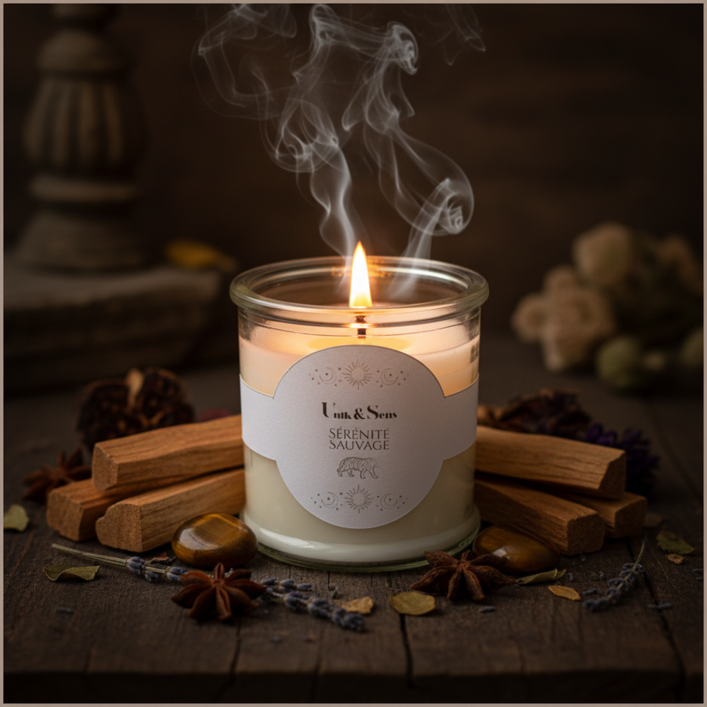 Bougie d'intention Sérénité Sauvage Unik & Sens – cire végétale artisanale santal ambre myrrhe