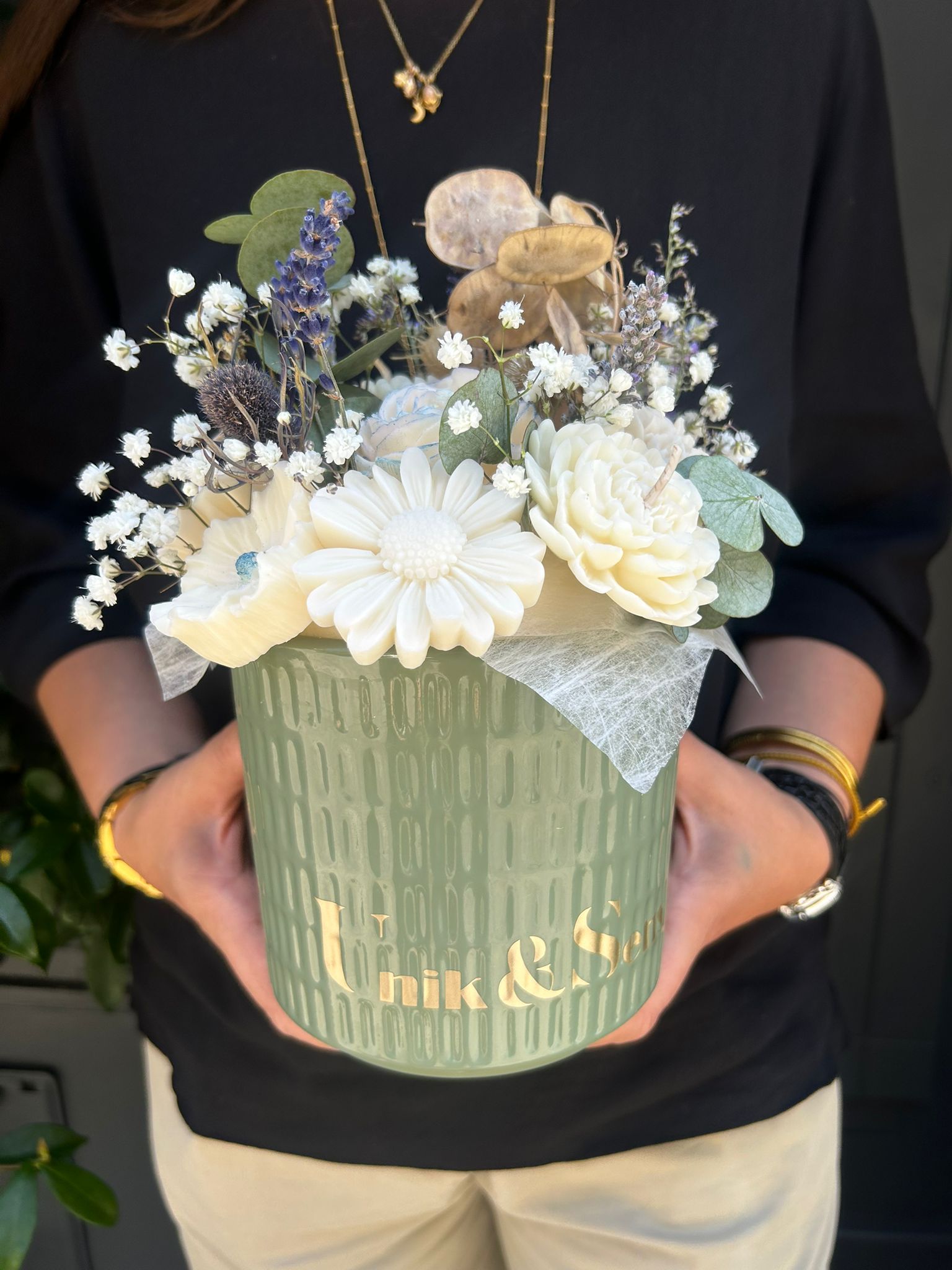 Bouquet de bougies en fleurs vertes bleues beige, cadeaux originales mariage, le mans 