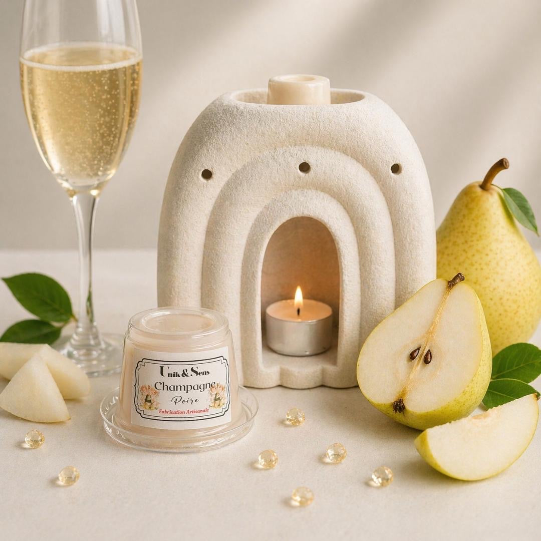 ire parfumée artisanale Unik & Sens – fondant cire végétale aux parfums de Grasse - Champagne et Poire