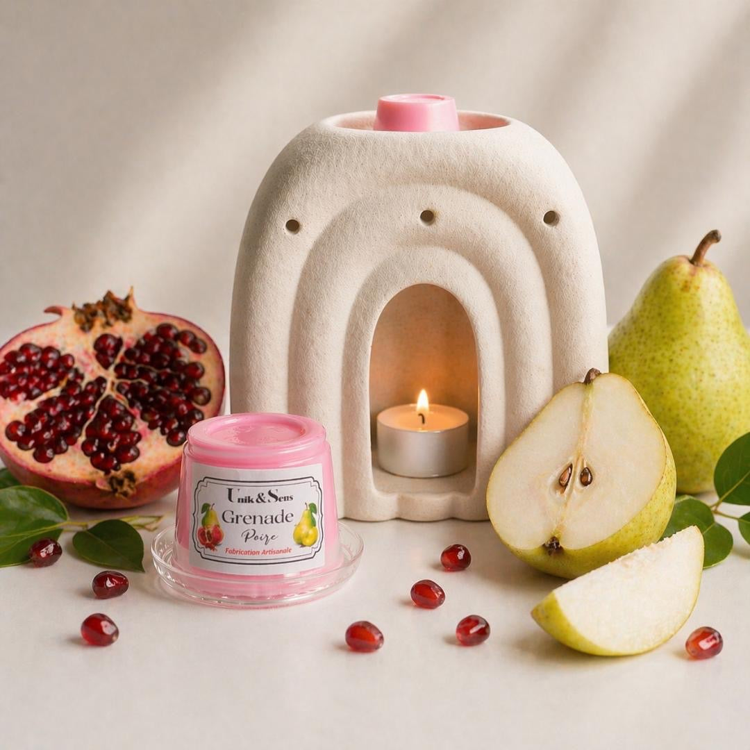ire parfumée artisanale Unik & Sens – fondant cire végétale aux parfums de Grasse - Grenade et Poire