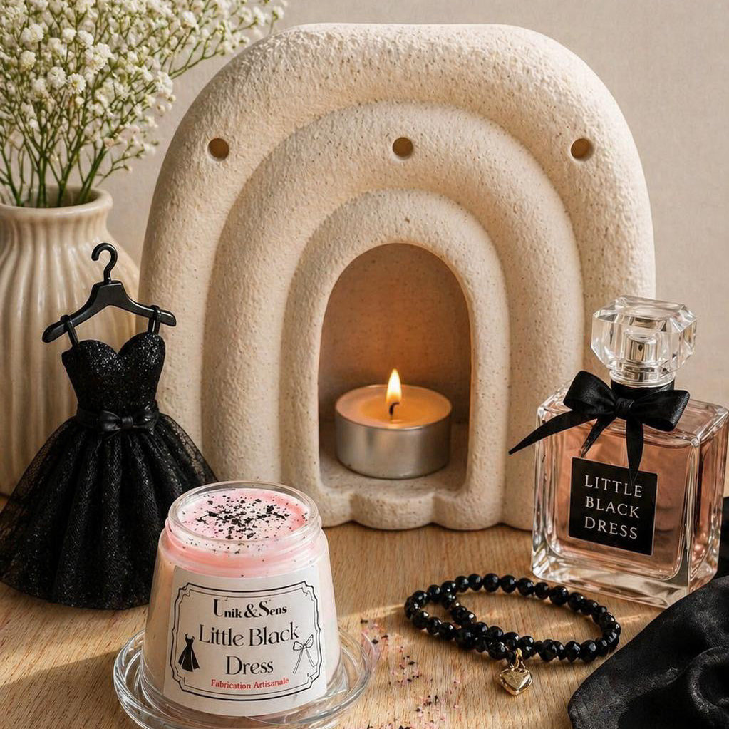 ire parfumée artisanale Unik & Sens – fondant cire végétale aux parfums de Grasse - petite robe noire Yves Saint Laurent