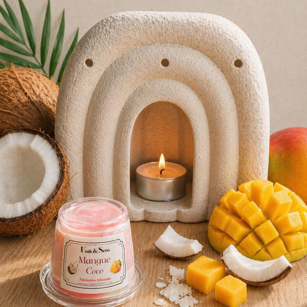 ire parfumée artisanale Unik & Sens – fondant cire végétale aux parfums de Grasse - mangue et noix de coco 
