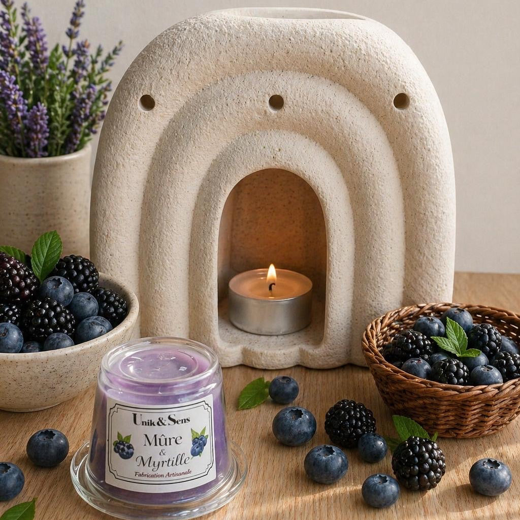 ire parfumée artisanale Unik & Sens – fondant cire végétale aux parfums de Grasse - mûre et myrtille 