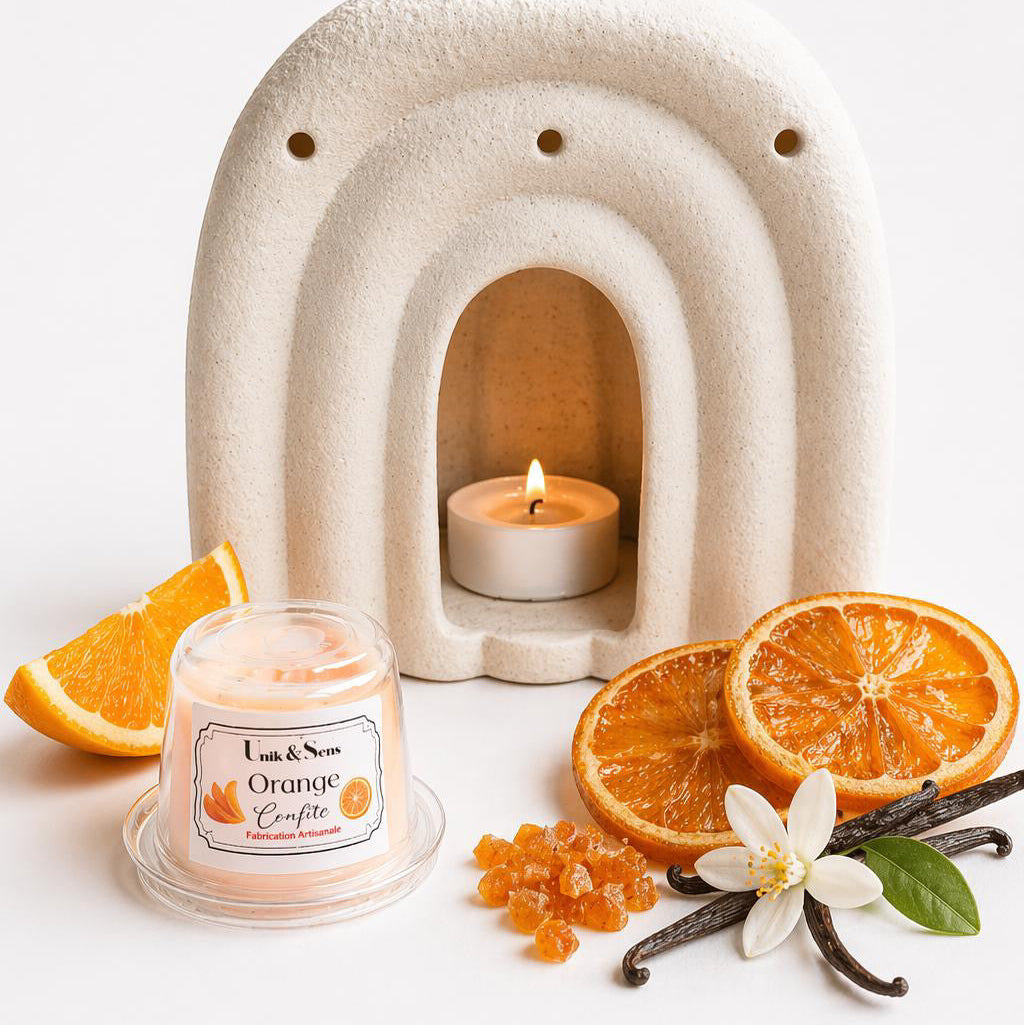 ire parfumée artisanale Unik & Sens – fondant cire végétale aux parfums de Grasse - caramel orange vanille