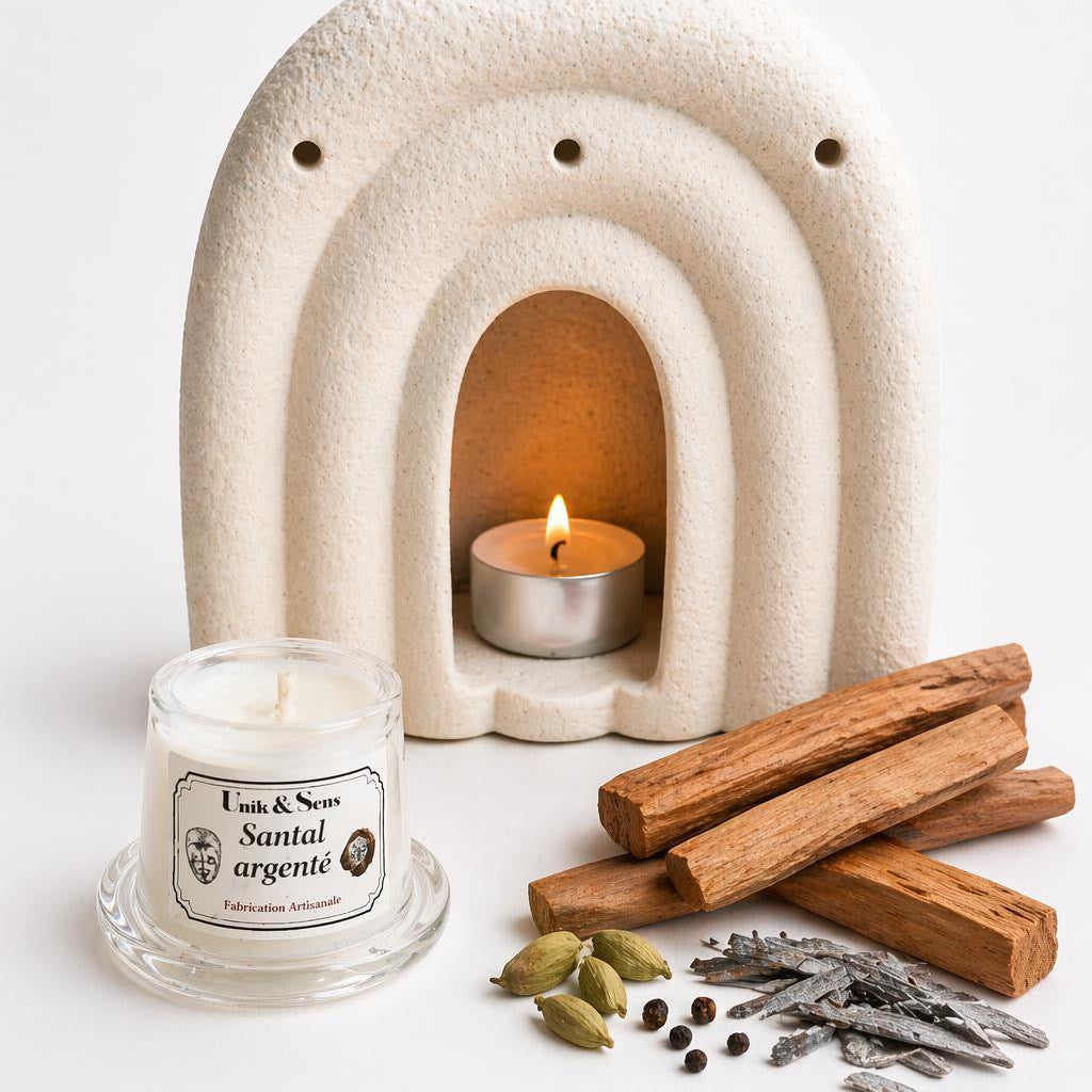 ire parfumée artisanale Unik & Sens – fondant cire végétale aux parfums de Grasse - cardamone bois de santal patchouli 