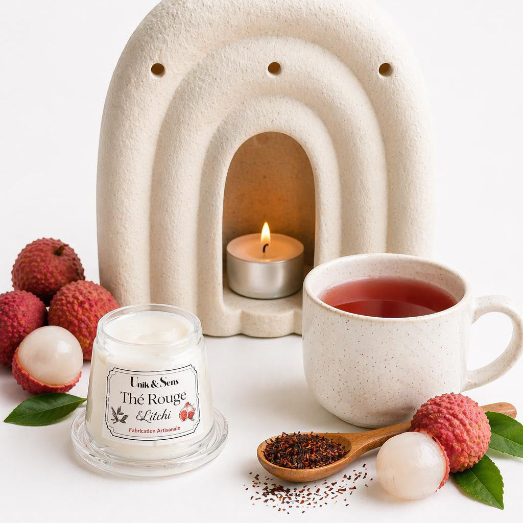 ire parfumée artisanale Unik & Sens – fondant cire végétale aux parfums de Grasse - litchi et thé rouge