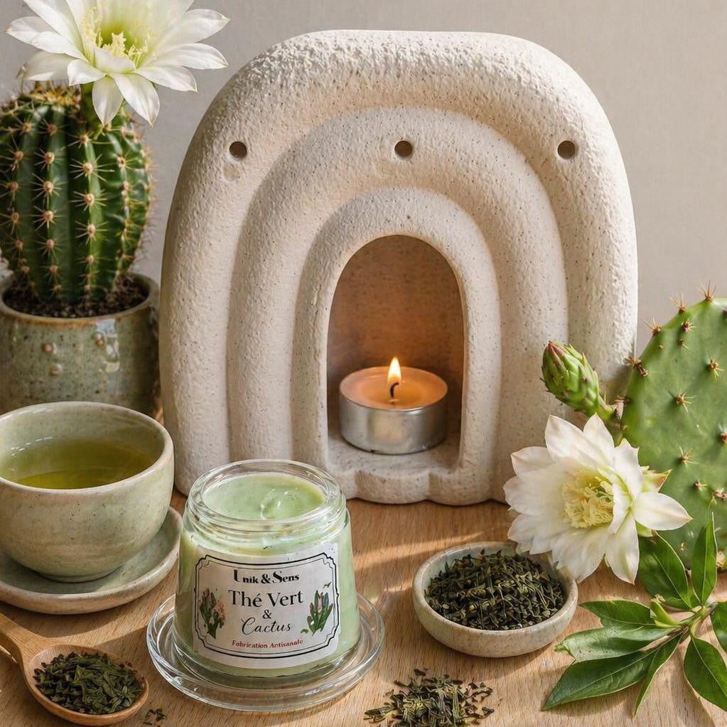ire parfumée artisanale Unik & Sens – fondant cire végétale aux parfums de Grasse - thé vert et fleur de cactus