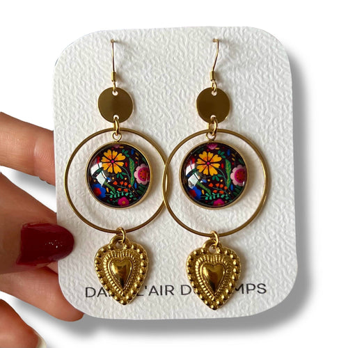 Boucles d'oreilles motif floral multicolore cœur mexicain