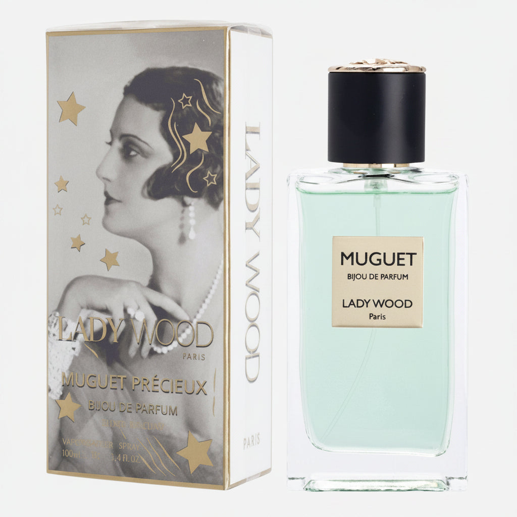 photo du flacon de parfum et boite lady wood muguet precieuxparfum rare parfum de parisparfums unik&sens Le Mans parfumerie rare Le Mans 